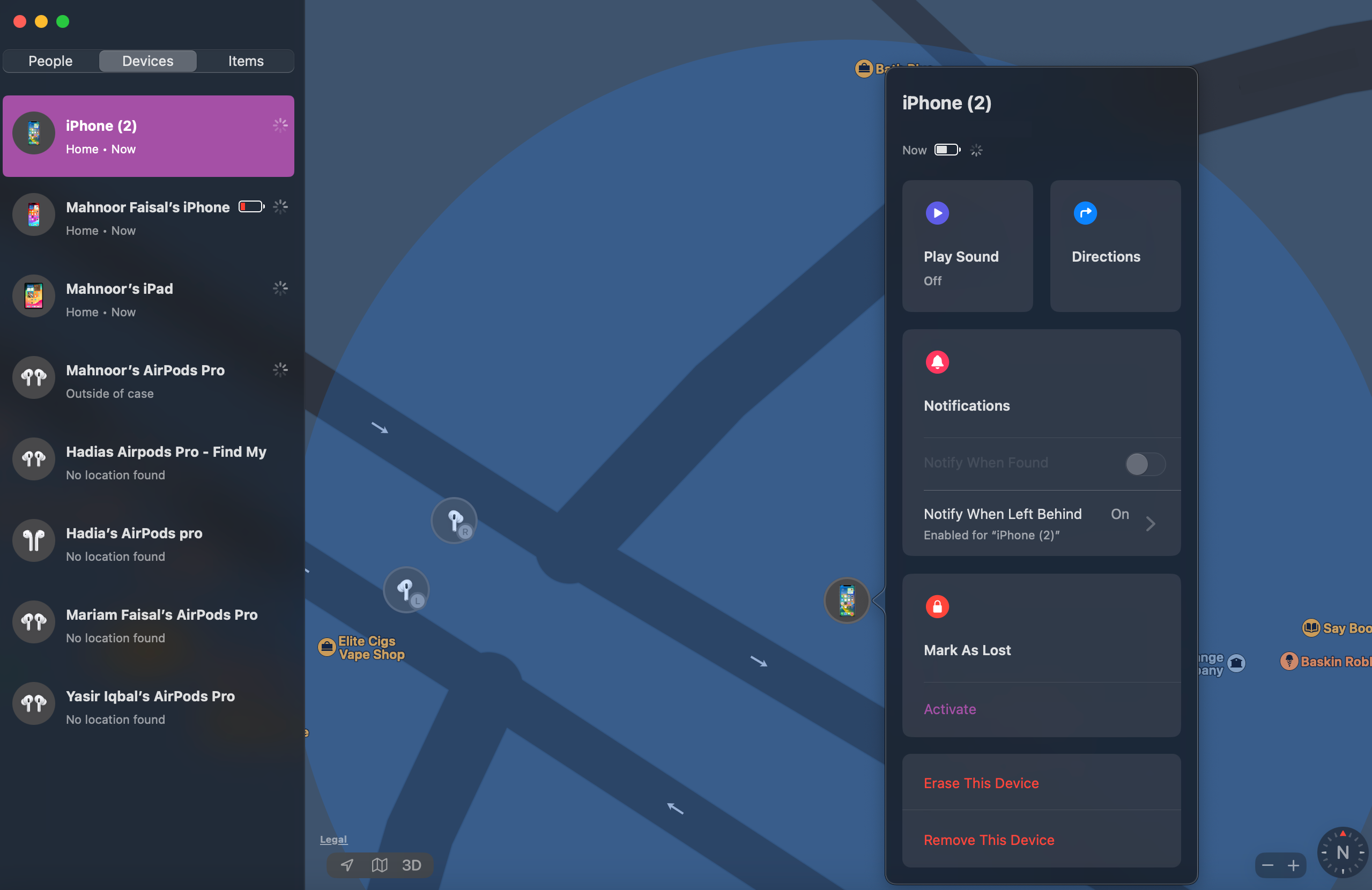 Приложение Find My с всплывающим меню, отображающим различные параметры-1