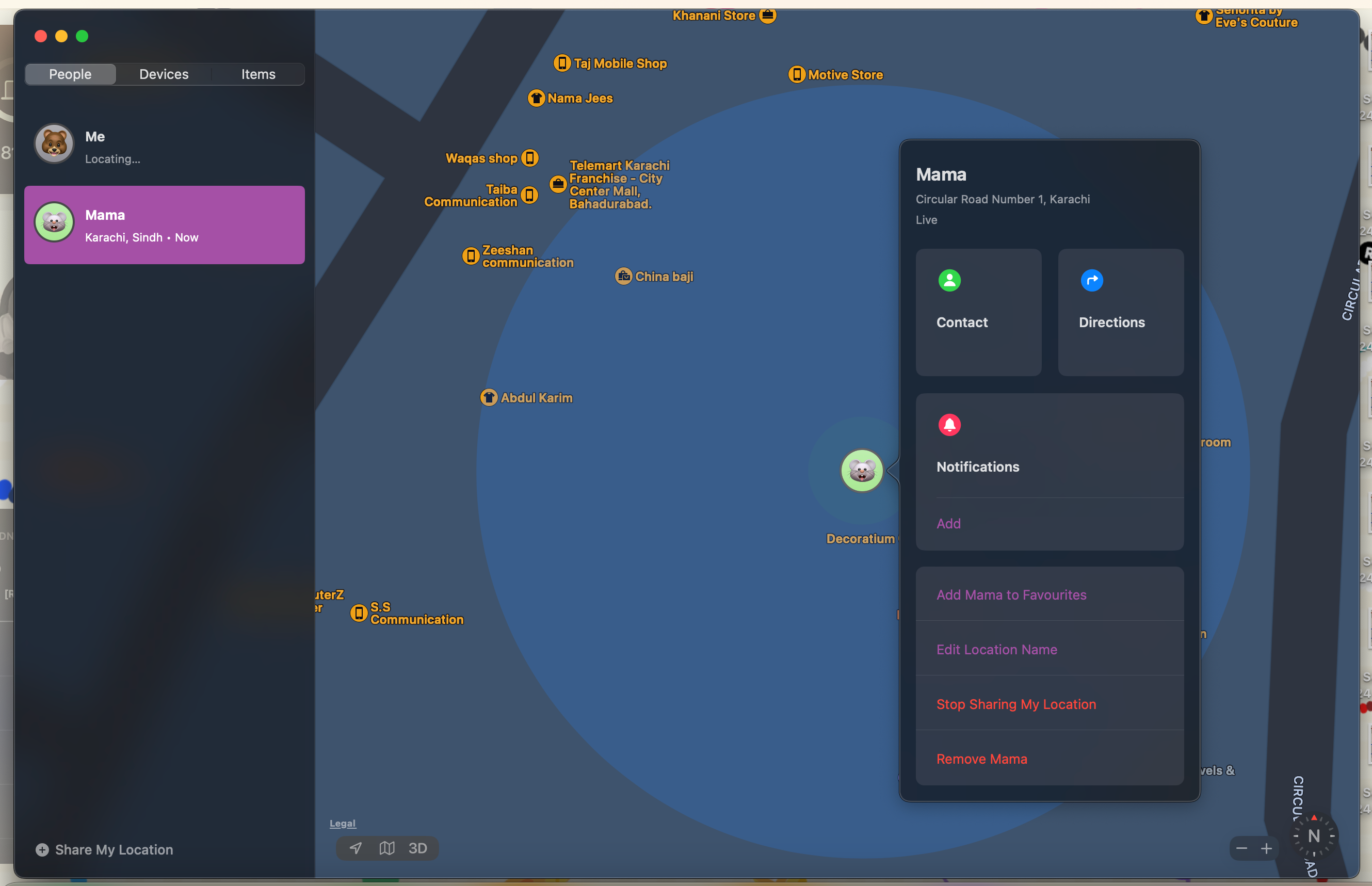 Приложение Find My с всплывающим меню, отображающим различные параметры