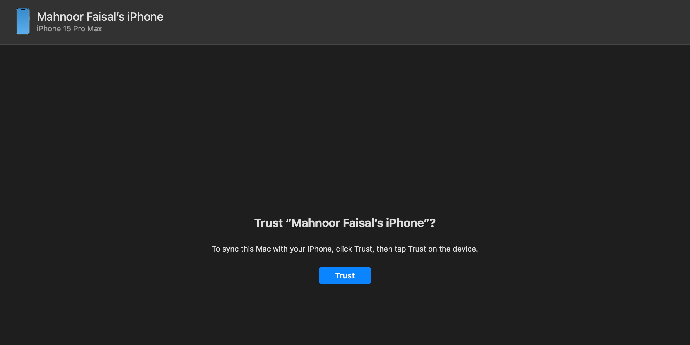 Finder window displaying 'Trust Your Device' with iPhone connected 