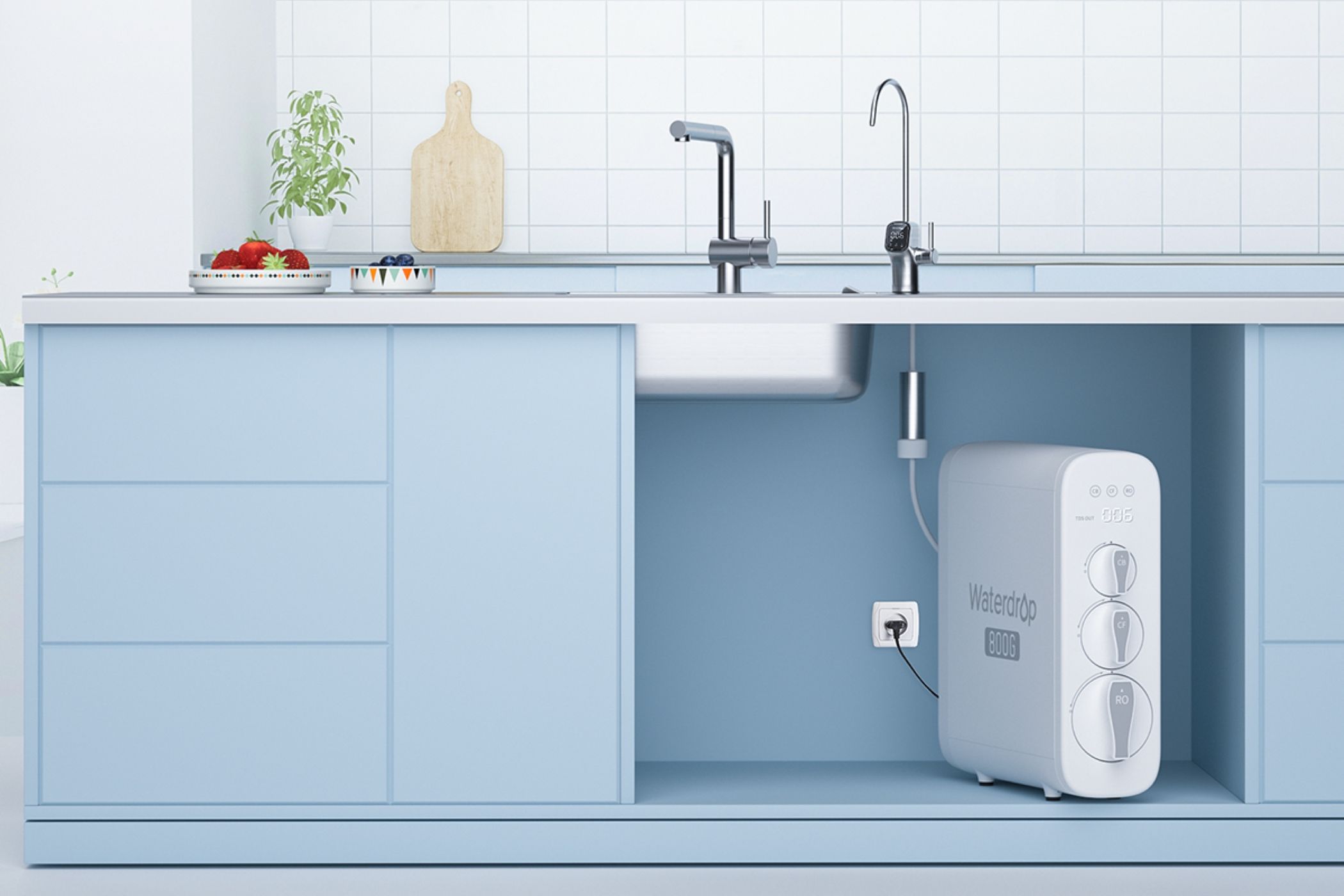 Sistema RO Waterdrop G3P800 sob uma pia de cozinha