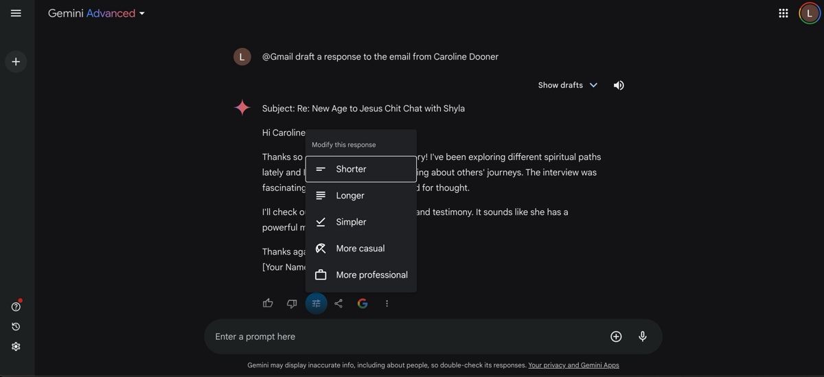 A Gemini screenshot showing how to draft emails