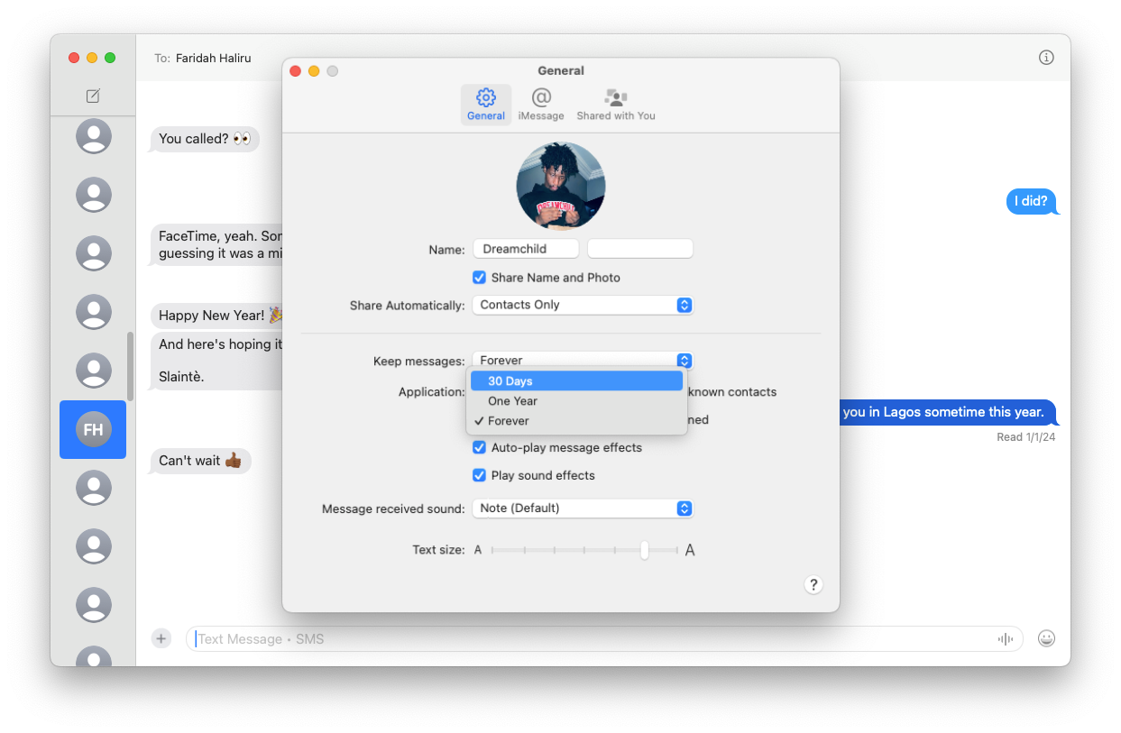 General tab in Messages settings on macOS