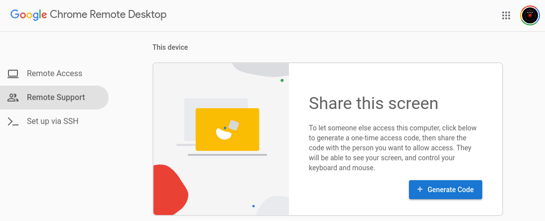 generating a code to share my screen with Chrome remote desktop