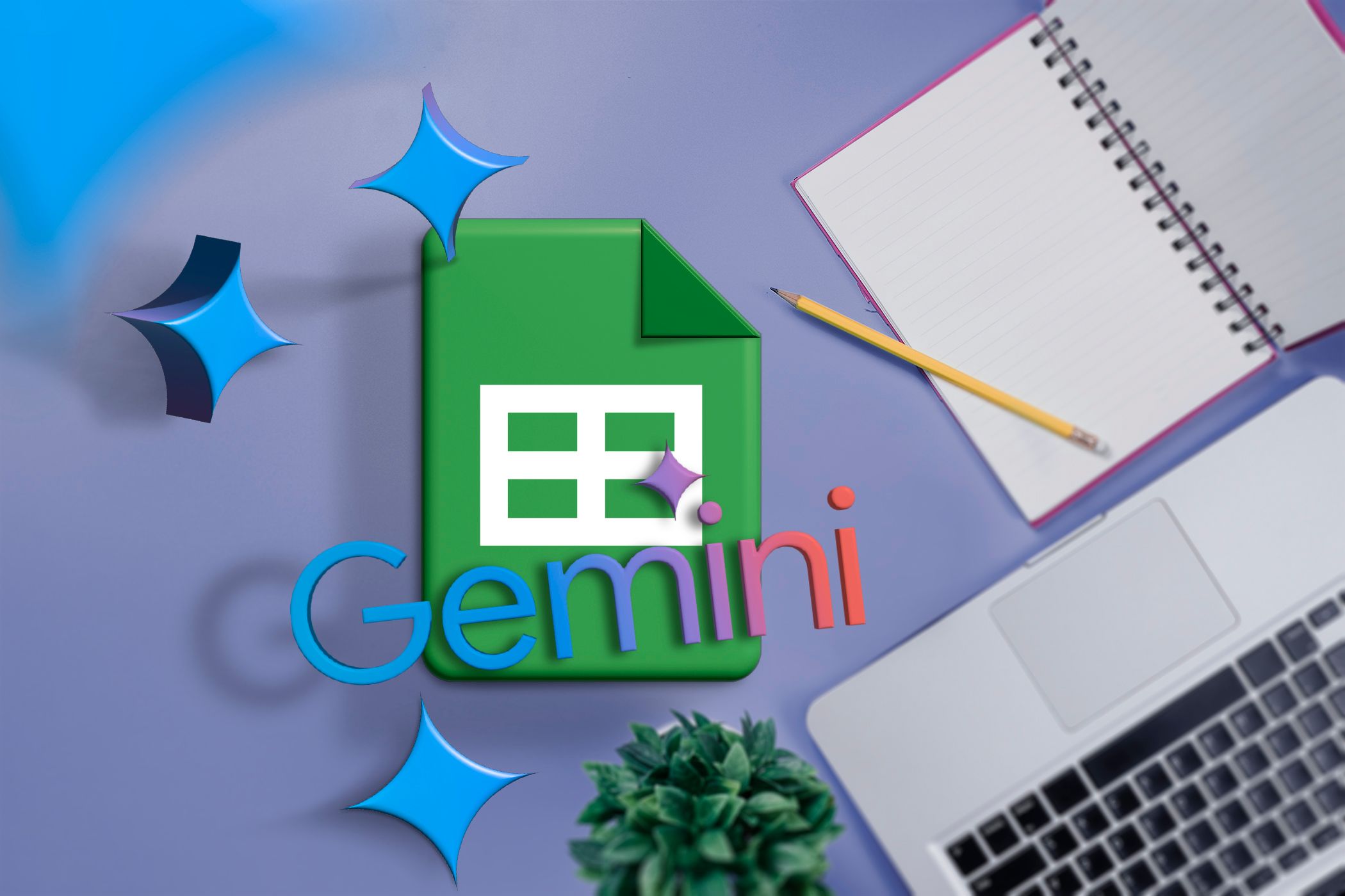 A desk with the Google Sheets and Gemini logos.