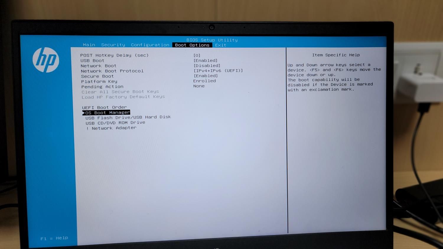 HP BIOS utility showing the Boot Options tab