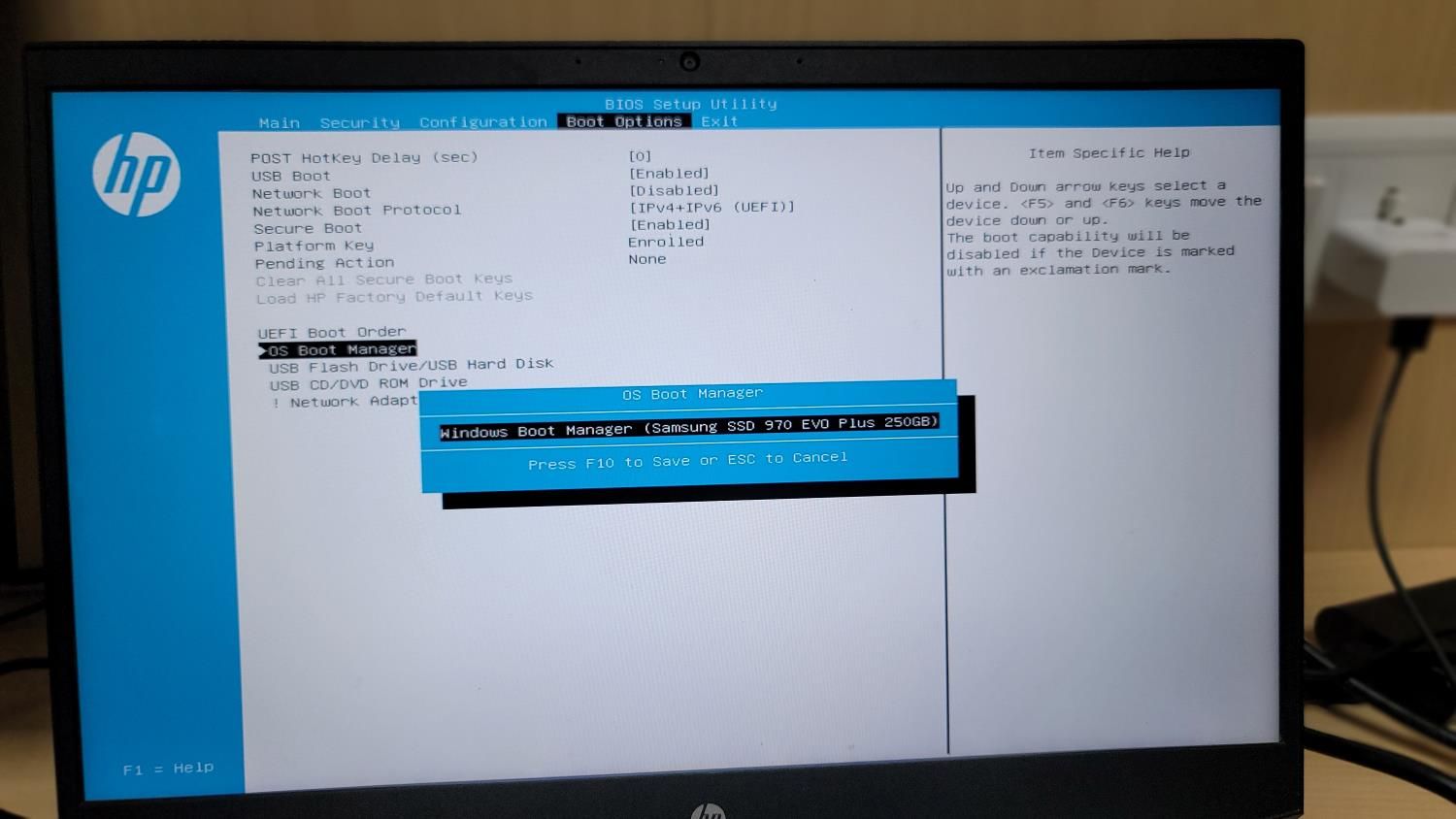 HP BIOS Utility with the OS Boot Manager drive selected