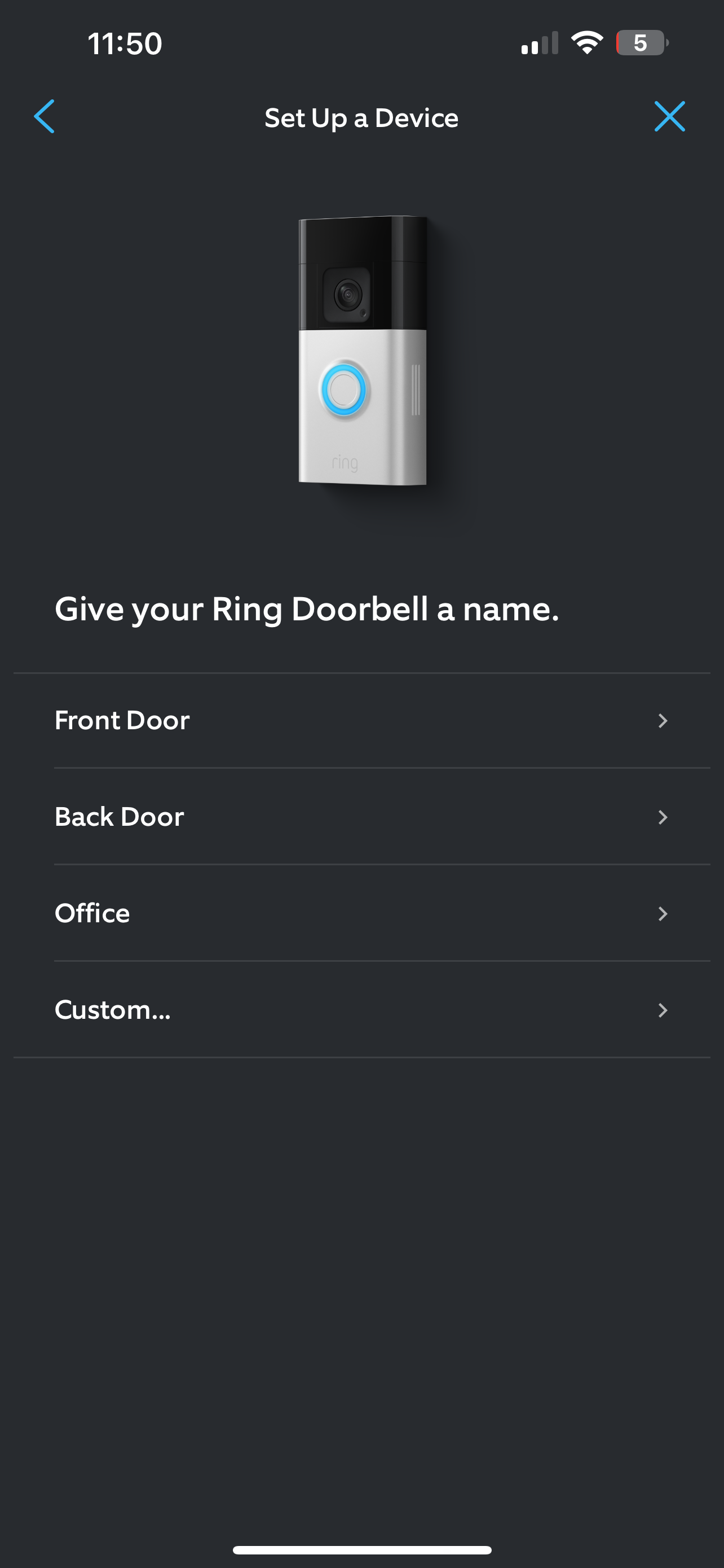 زنگ باتری Doorbell Pro راه‌اندازی برنامه درخواست نام در پس‌زمینه خاکستری