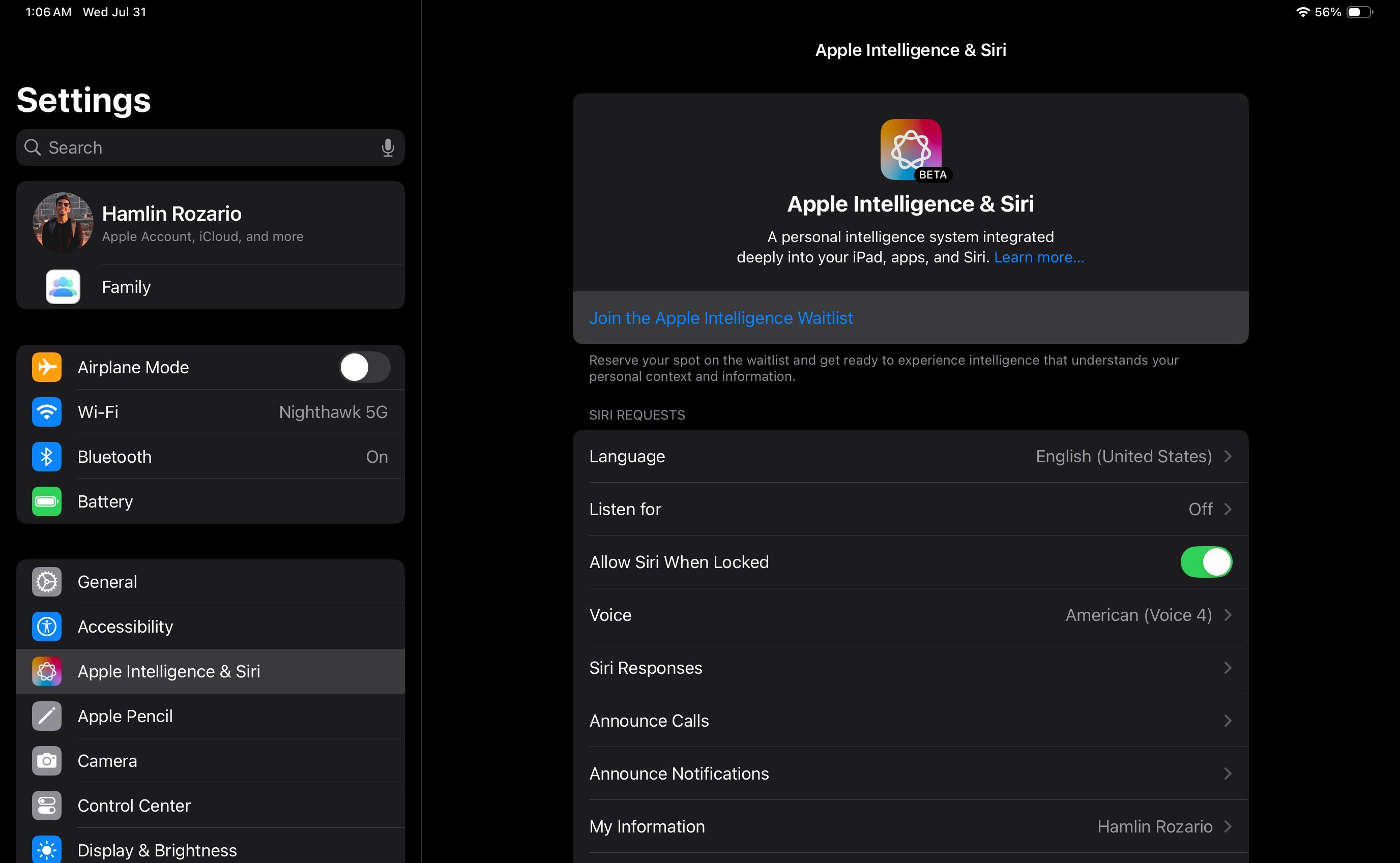 Join the Apple Intelligence waitlist option in iPadOS 18.1 beta