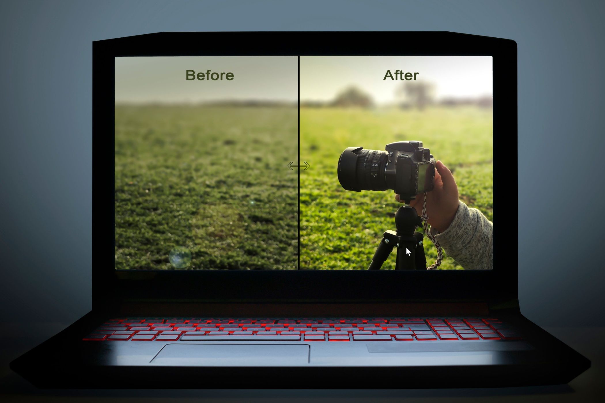 Black laptop with before and after photo of grass