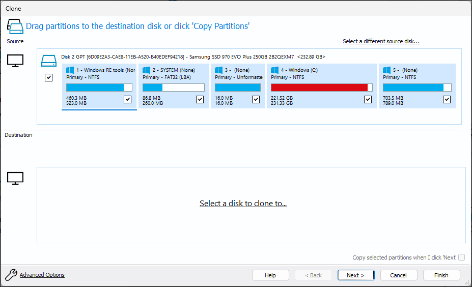 Macrium Reflect Software clone tab showing the source and destination option