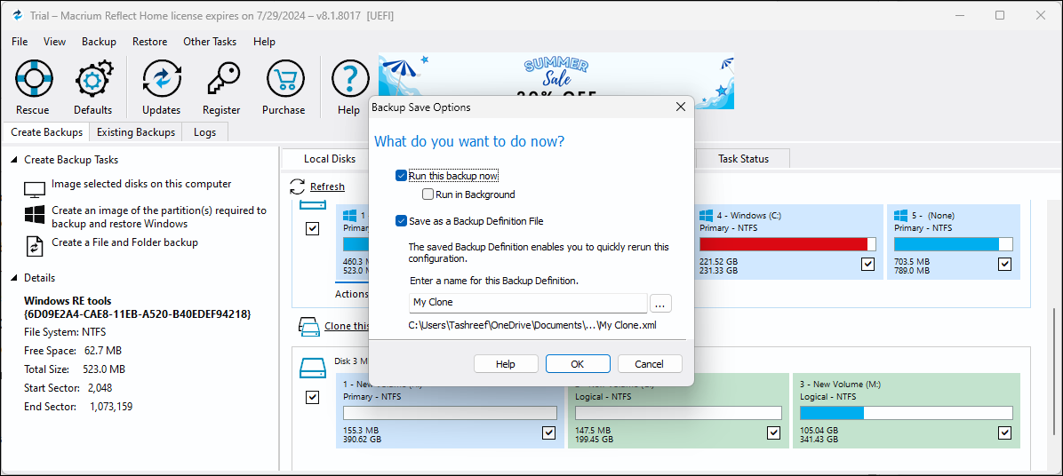 Macrium Reflect Software clone tab showing the backup save option