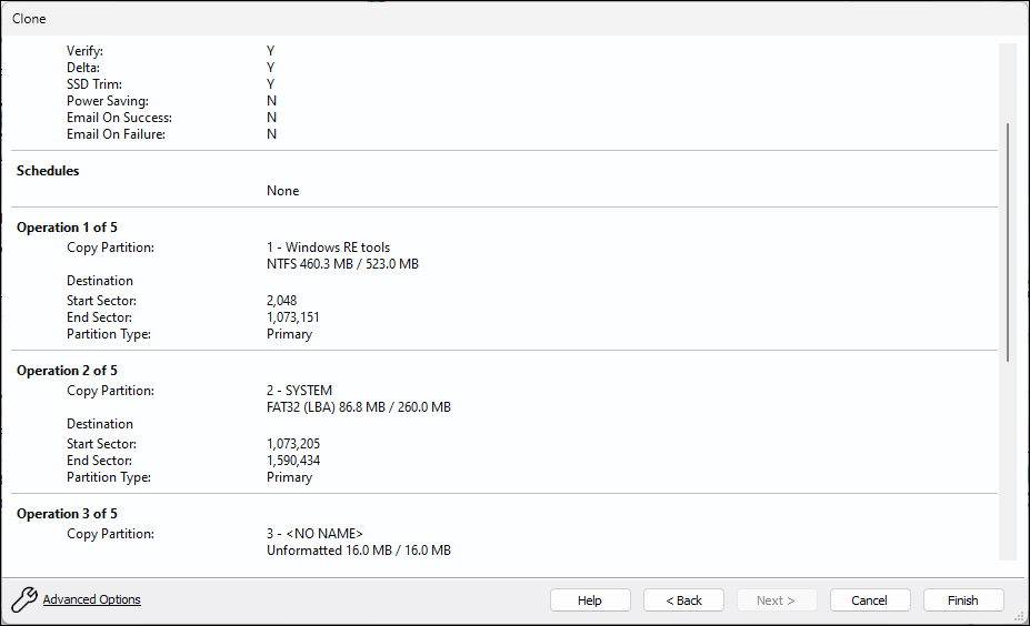 Macrium Reflect Software clone tab showing the clone summary and finish option