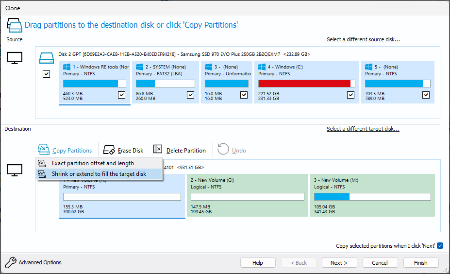 Macrium Reflect Software clone tab showing the Copy Partitions option