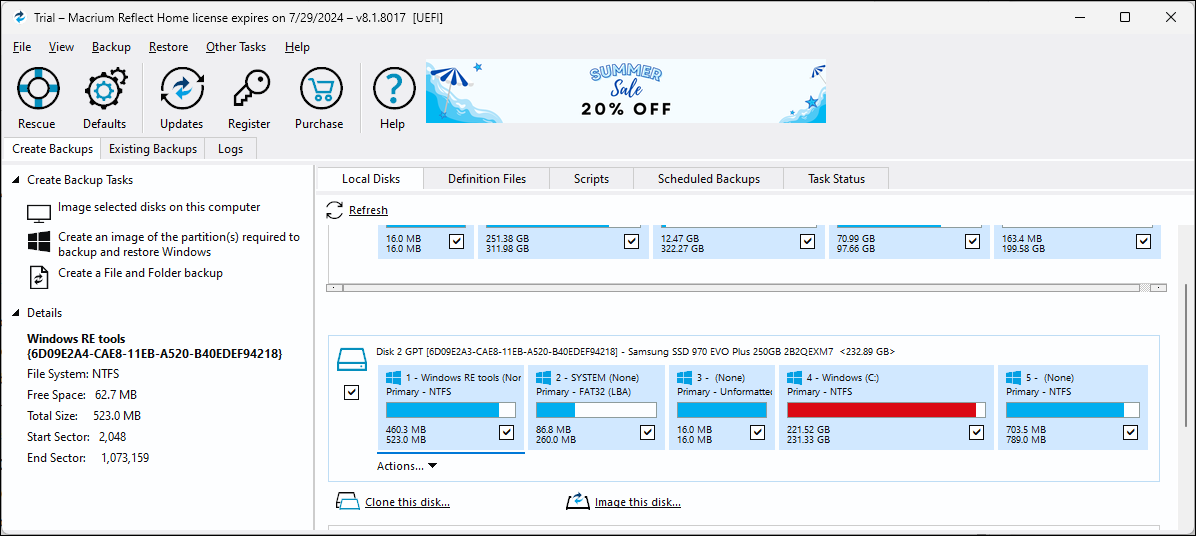 Macrium Reflect Software with the Local Disks tab open