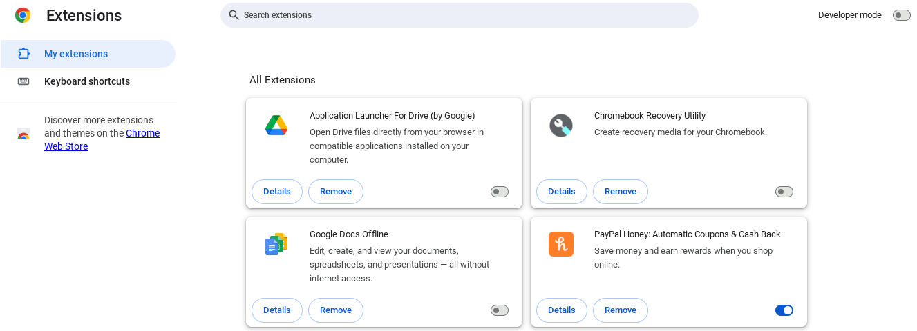 managing extensions in the Chrome browser on chromeos