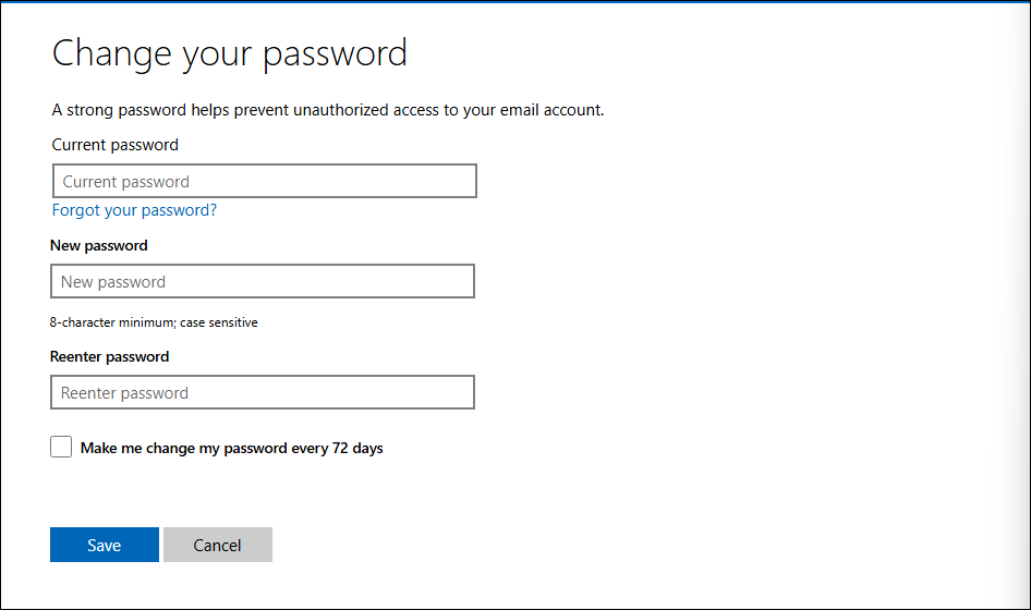 Change your password screen on the web for Microsoft Account 