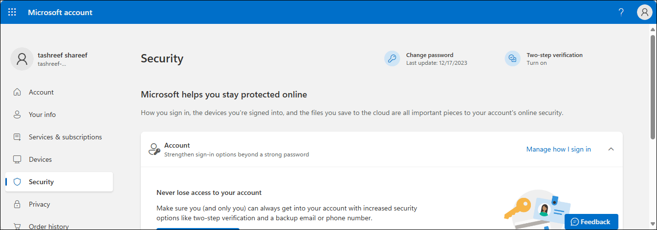 Microsoft account security screen on the web