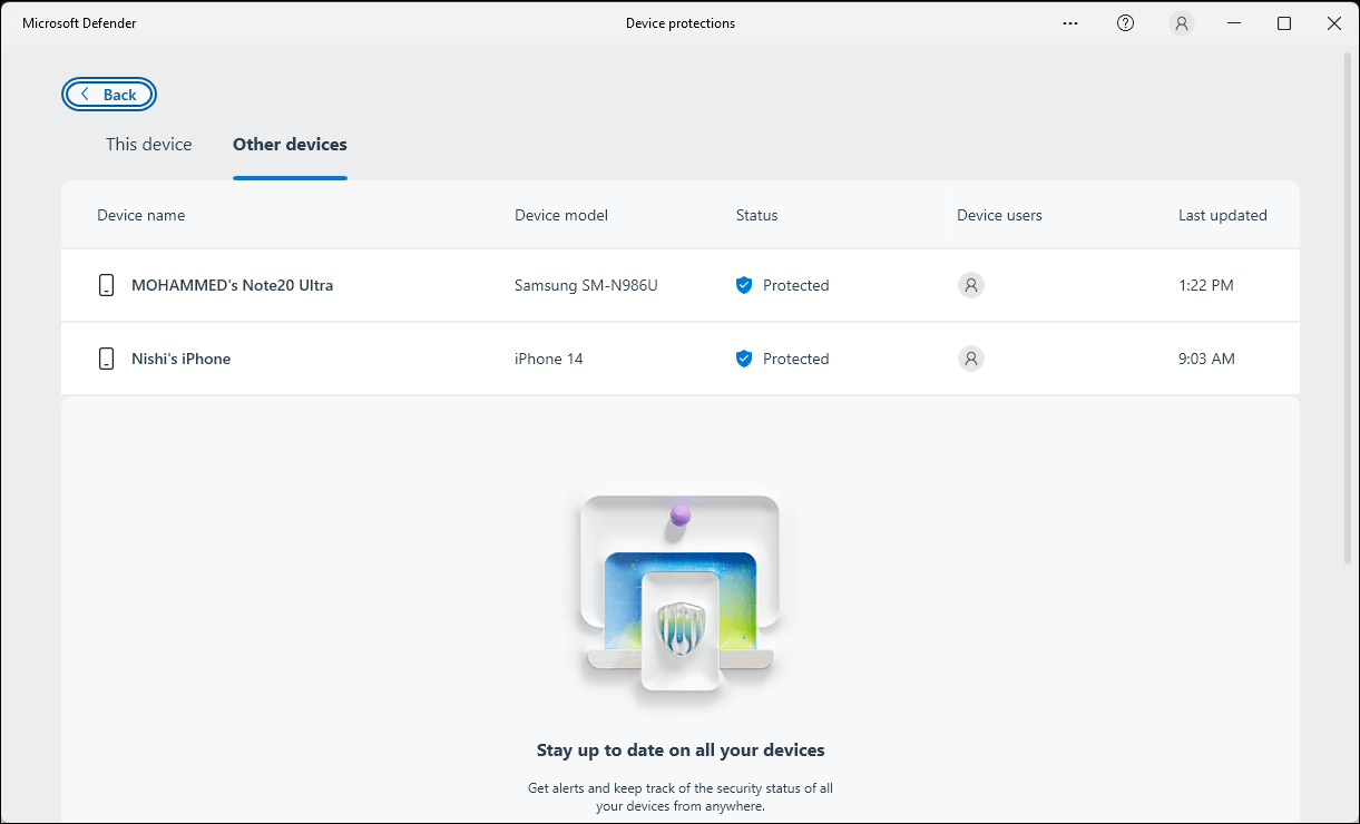 برنامه Microsoft Defender که صفحه دستگاه های دیگر را نشان می دهد