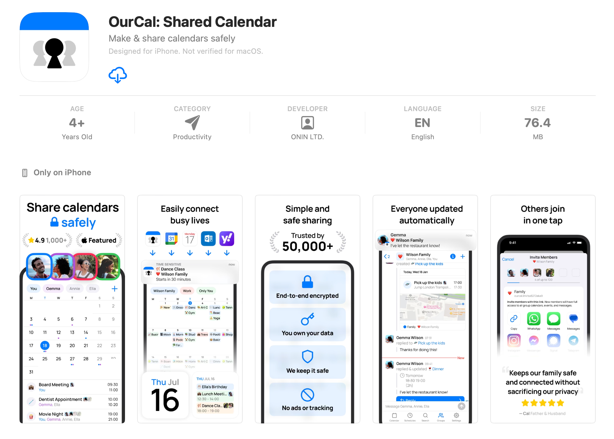 صفحه Apple App Store برای دانلود OurCal، یک برنامه تقویم مشترک.