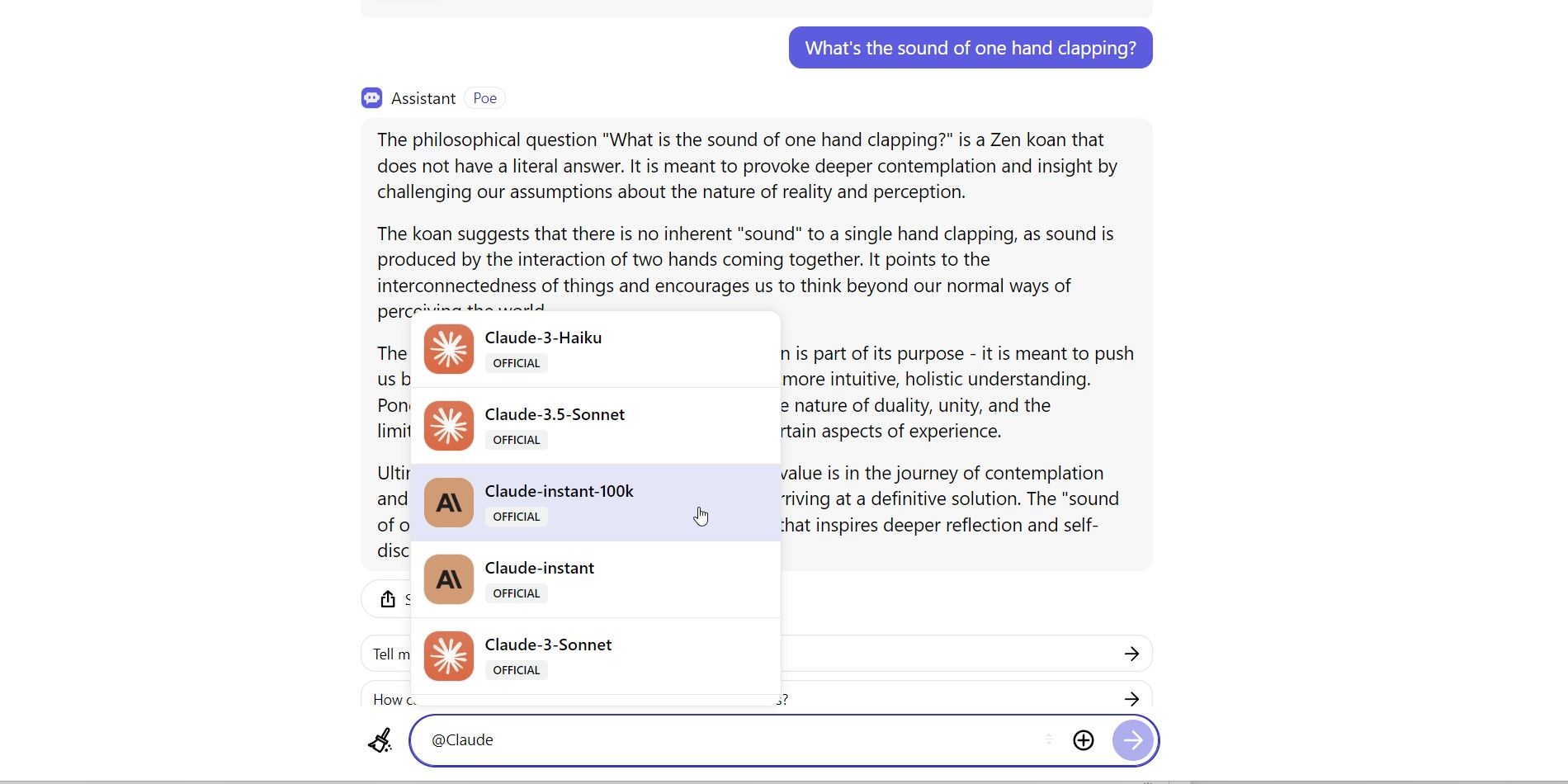 Quora's Poe Multibot Chat Feature asking different bots a philosophical question