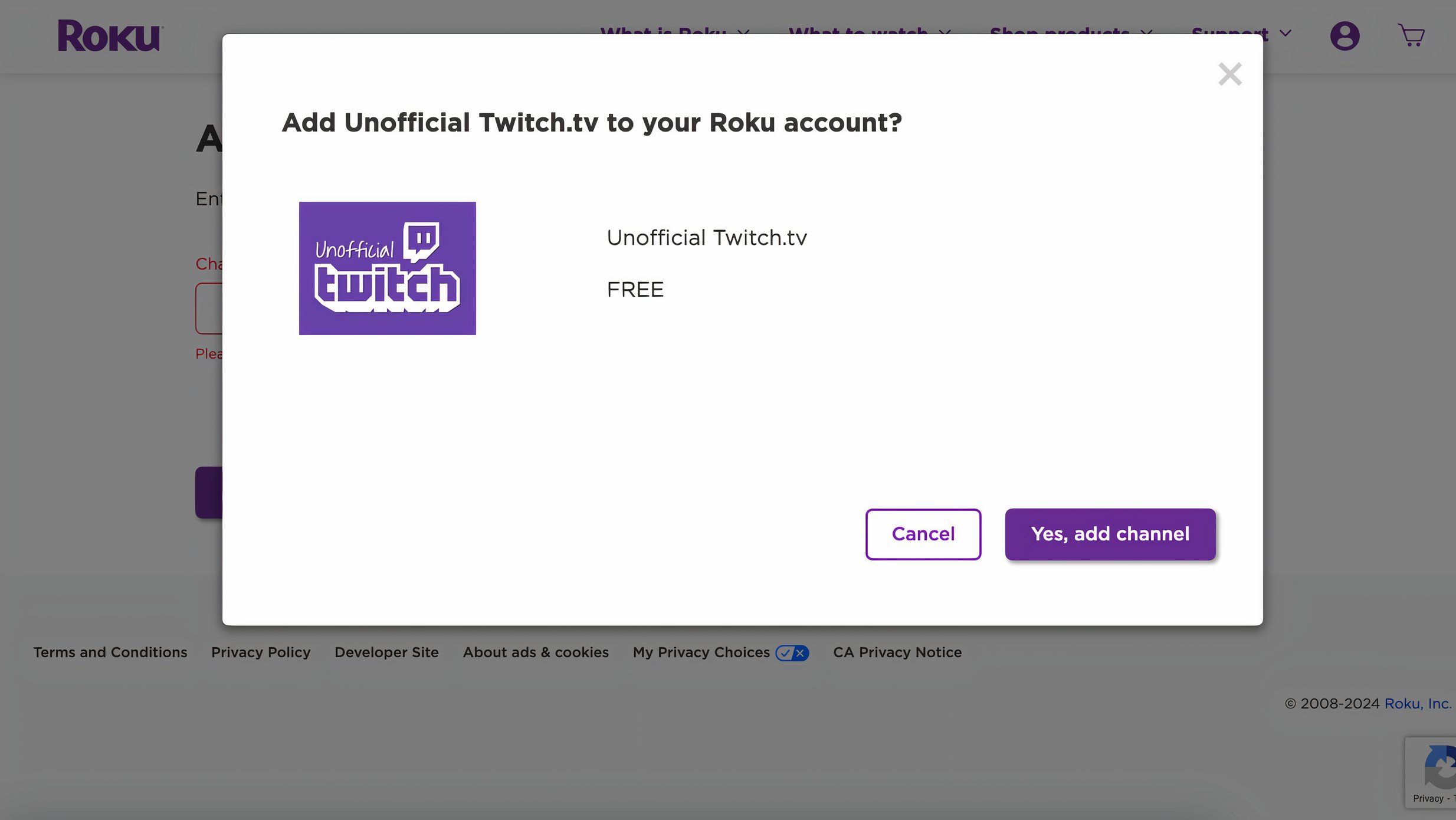 The Roku account manager displays a dialogue, asking for permission to add a Twitch-related beta channel 