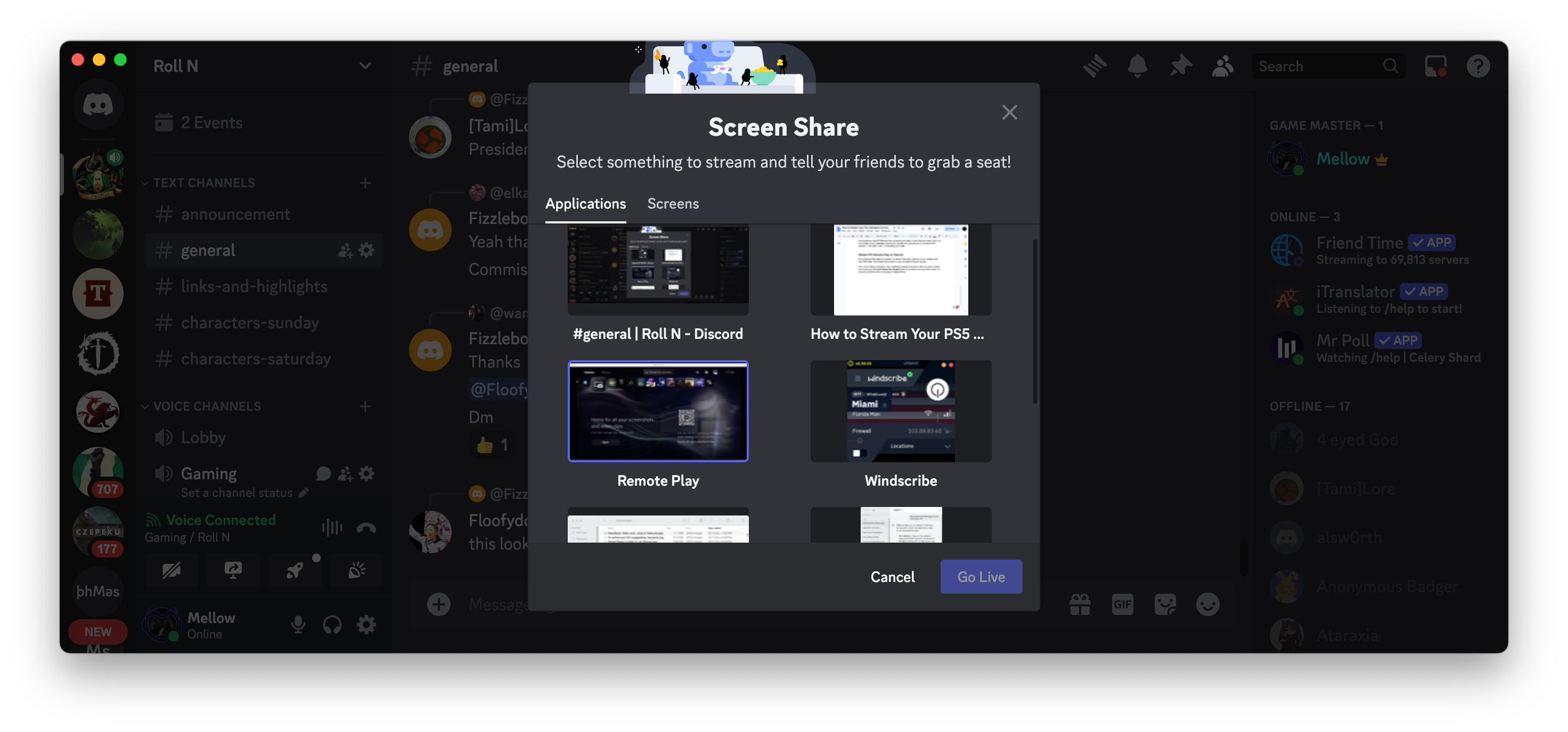 انتخاب پنجره Remote Play از منوی Screen Share در Discord