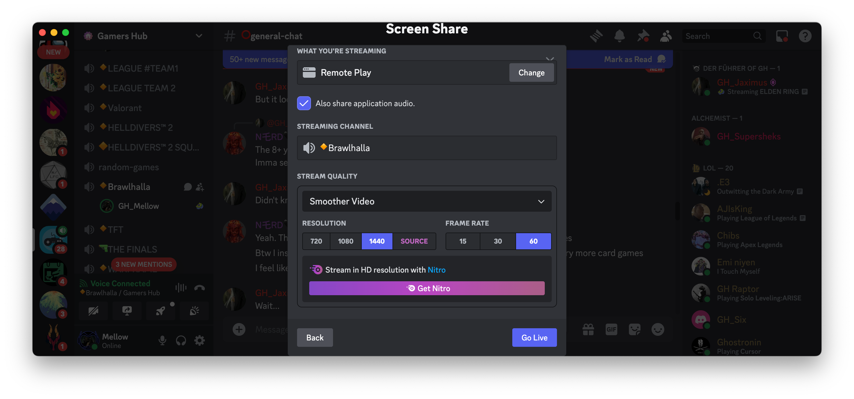 منوی Discord Screen Share که گزینه های کیفیت ویدیو را نمایش می دهد