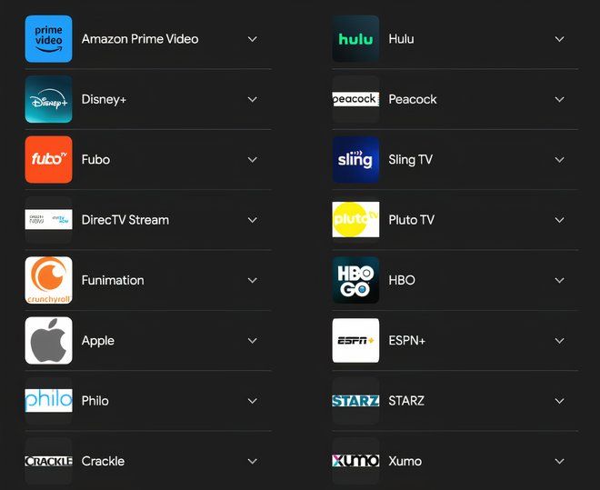 Google search of list of streaming services