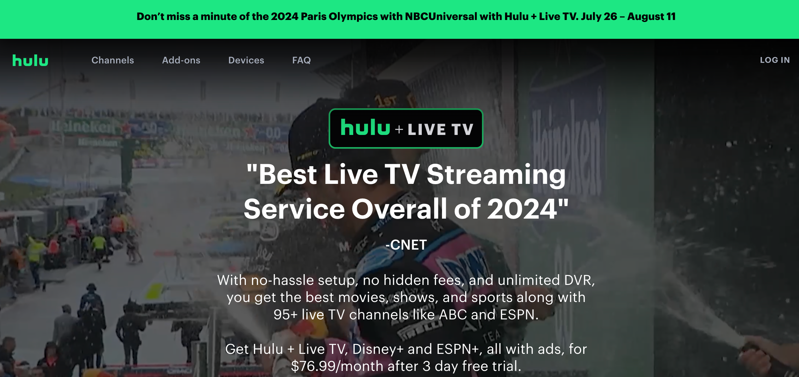 Homepage of Hulu + Live TV platform