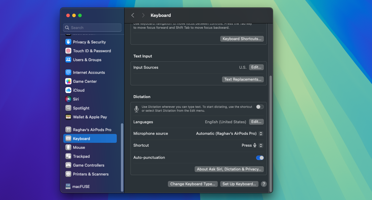 macOS System Settings Keyboard Settings