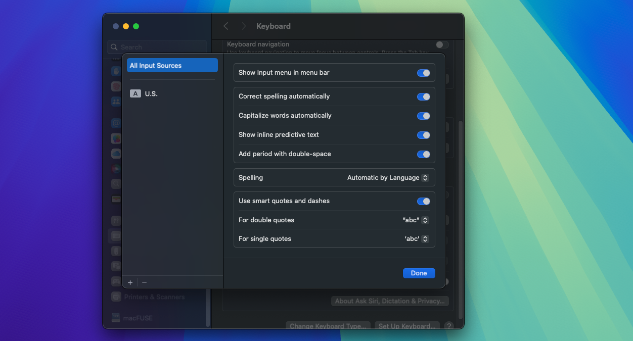 macOS System Settings Input Sources Menu