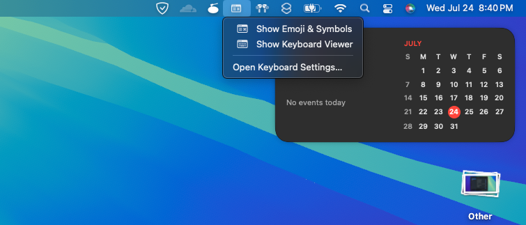 macOS Menu Bar with the Input menu icon selected, showing two options: Show Emoji & Symbols and Show Keyboard Viewer.