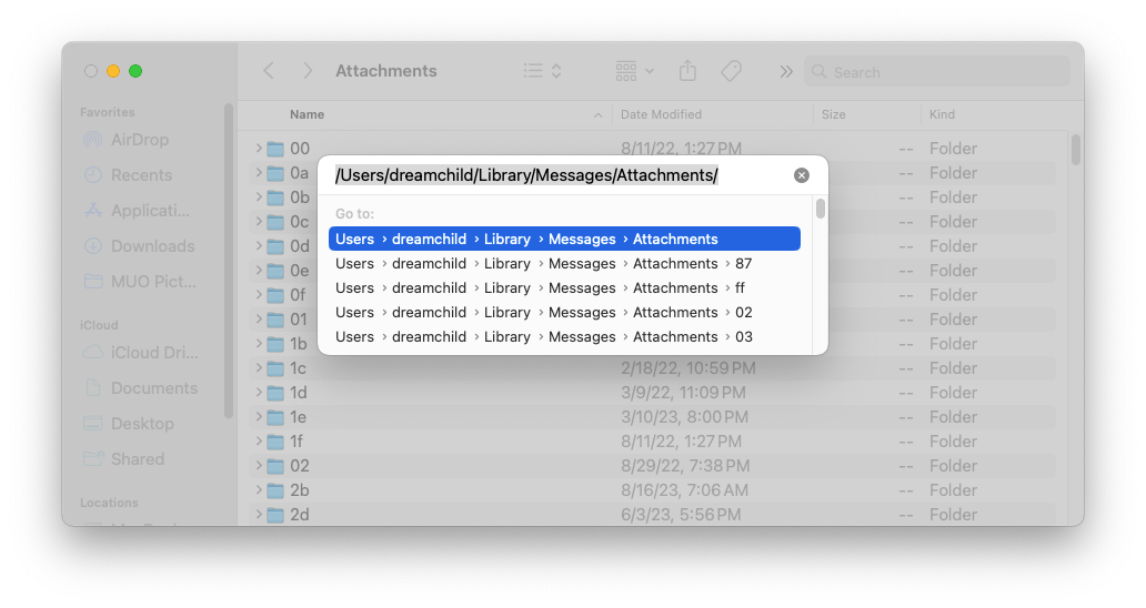 Finder Go to Folder box with a file path to Messages attachments