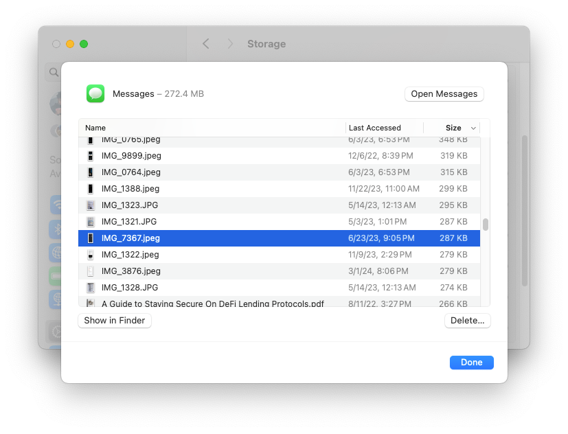 Messages attachment management window in macOS Settings