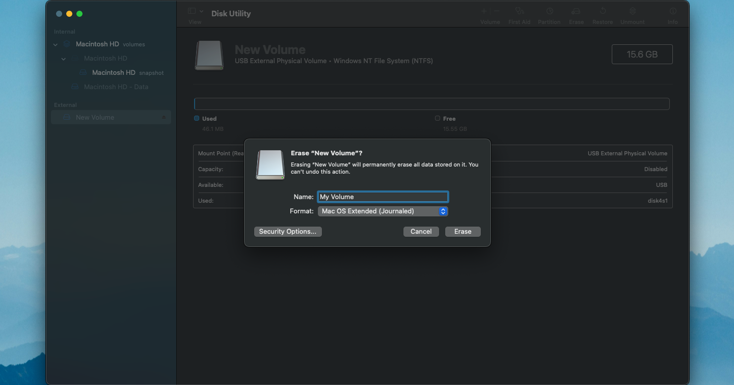 Меню стирания дисковой утилиты macOS