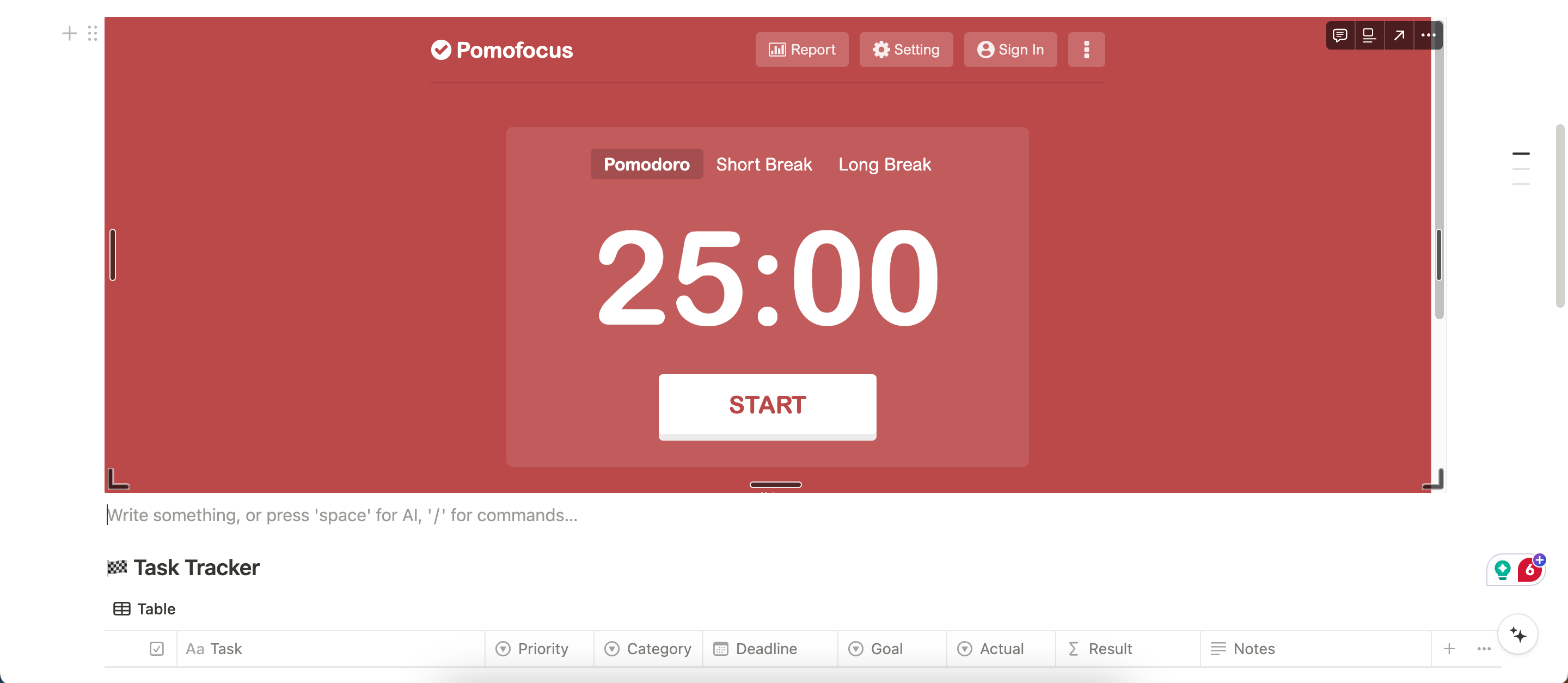 The Pomodoro Timer in Notion Template