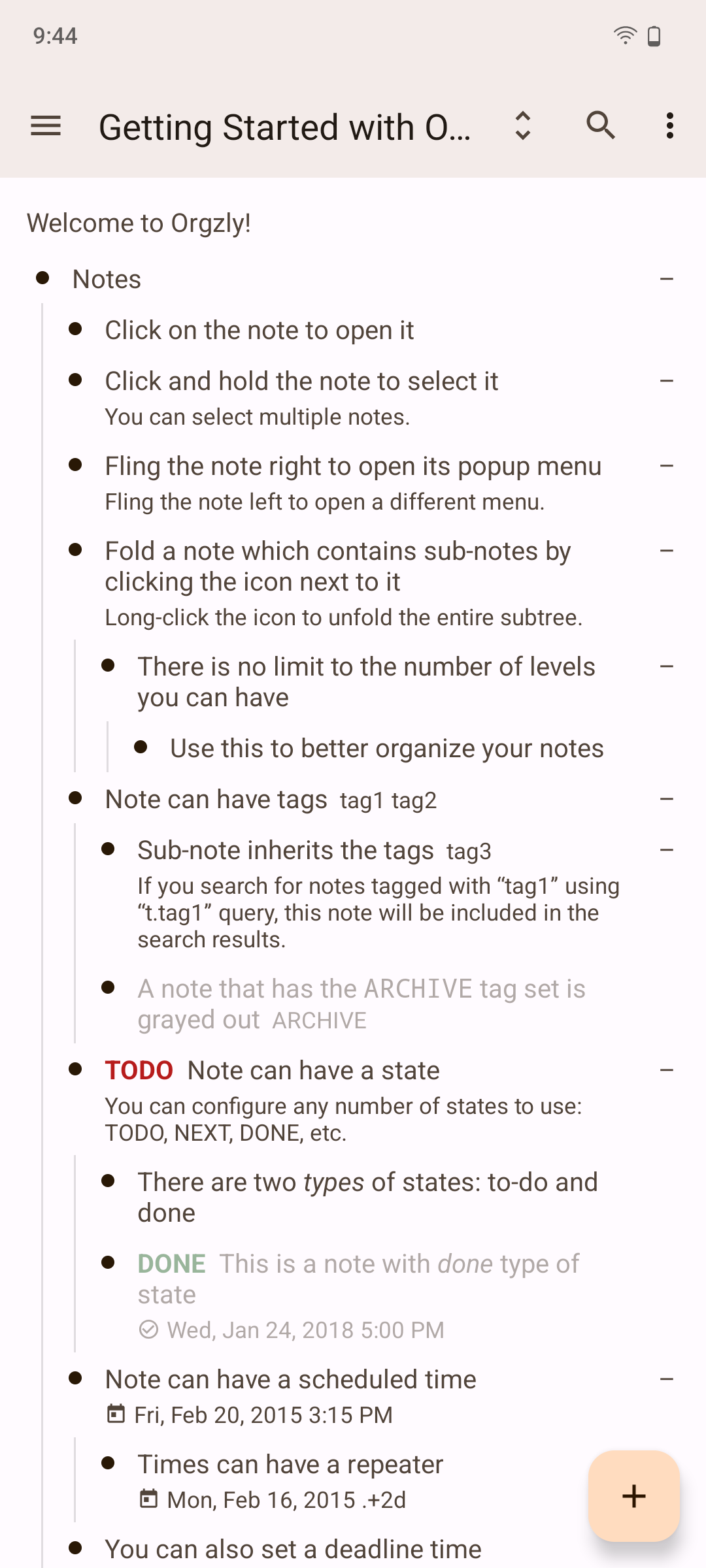 A list of ways to create and customize notes in the Orgzly Revived app.