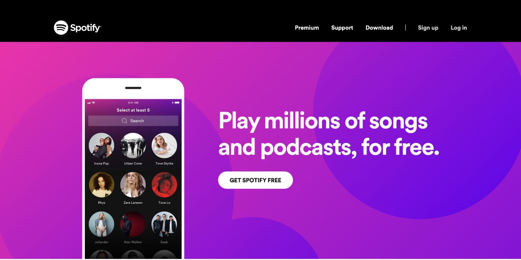 صفحه برنامه رایگان Spotify در وب سایت Spotify