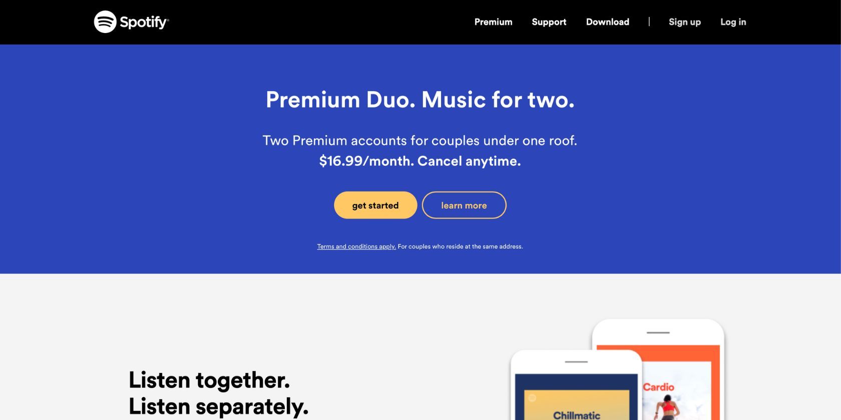 Spotify Premium Duo plan on Spotify's website