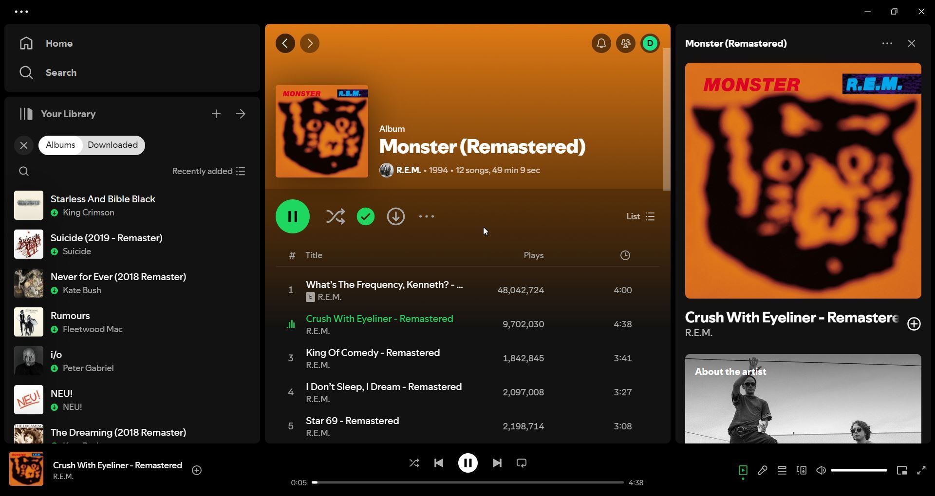 Spotify Windows desktop page showing "Monster" by R.E.M.