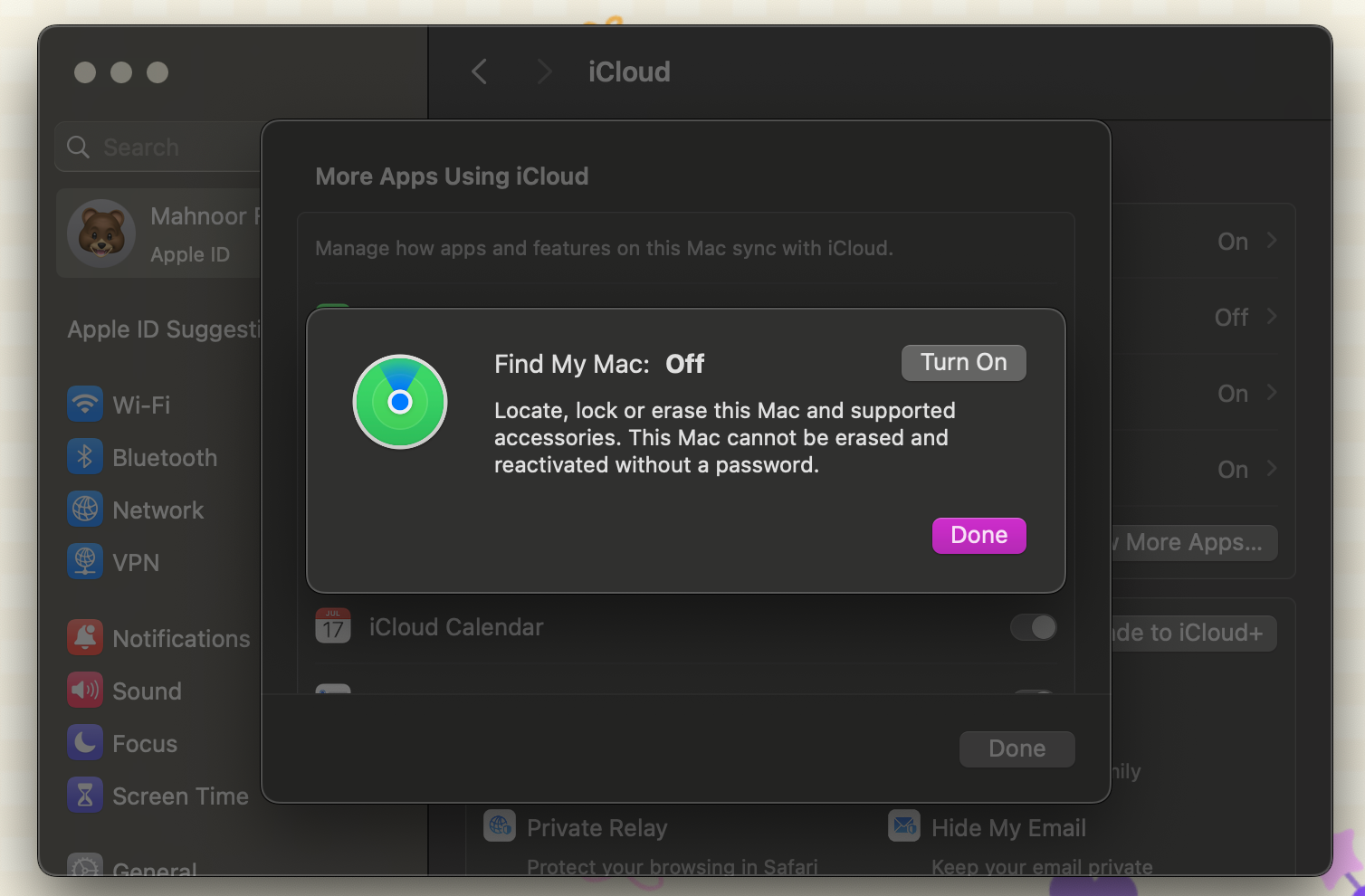 Приложение «Системные настройки» на Mac, отображающее запрос «Найти мой Mac»