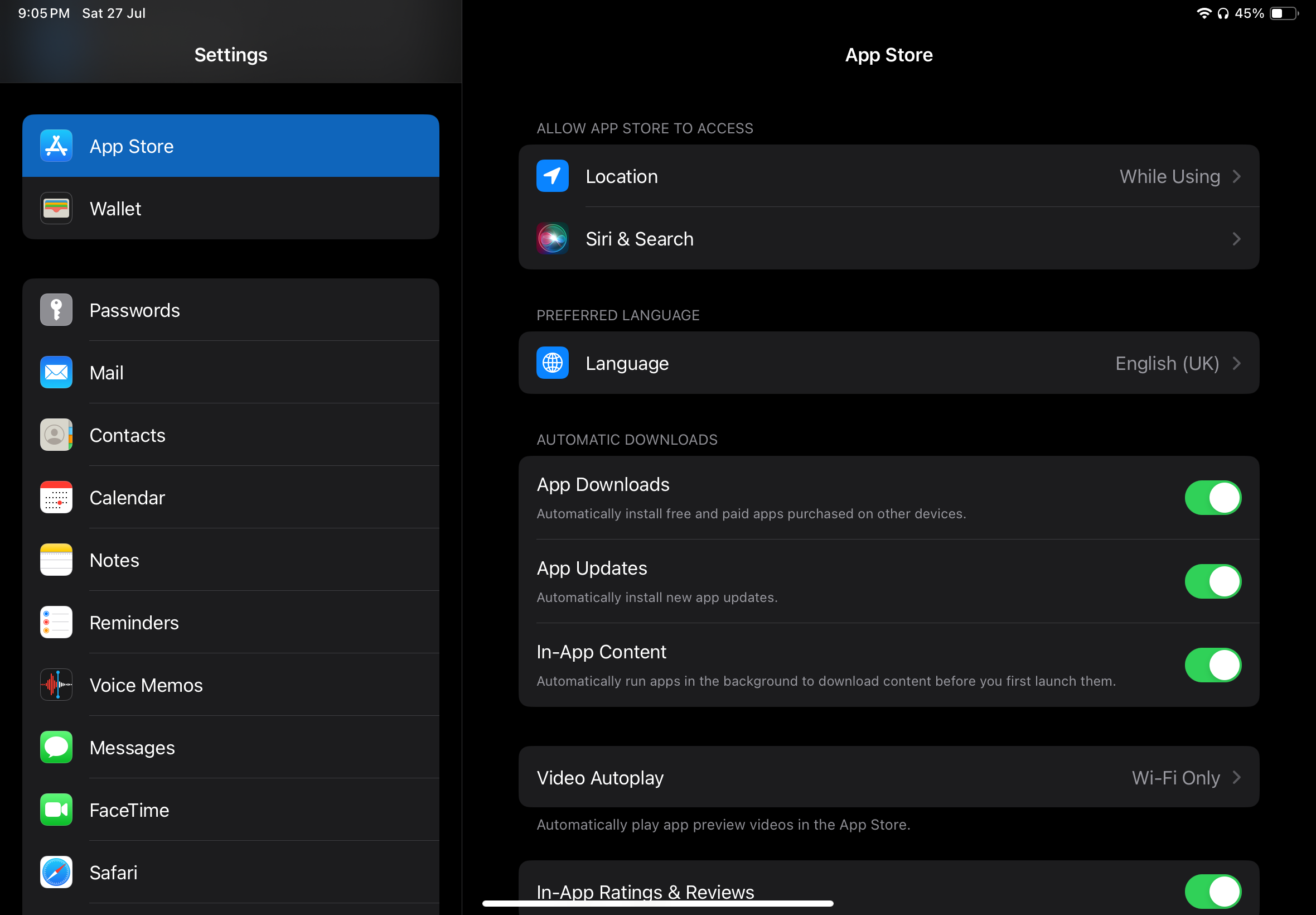 The Settings app in iPadOS showing the App Store section