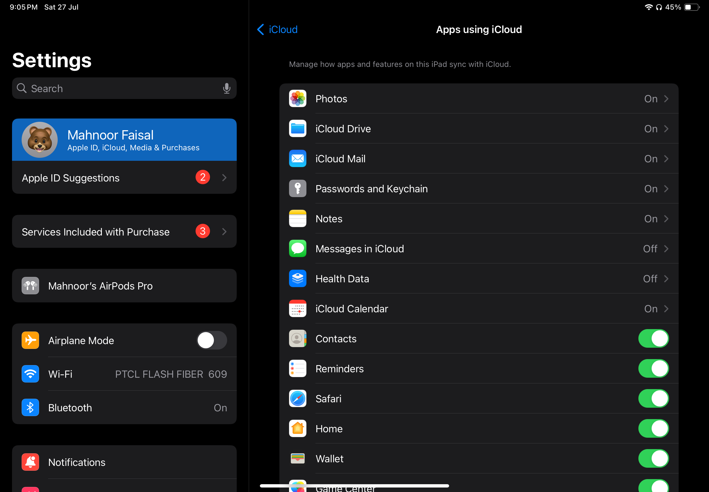 The Settings app in iPadOS showing the Apps using iCloud section