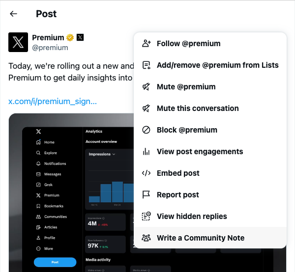 یک منوی پست X که گزینه نوشتن یادداشت انجمن را نشان می دهد.