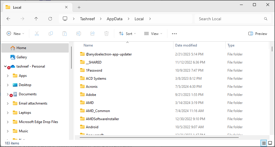 Windows 11 File Explorer محتویات پوشه AppData را نشان می دهد