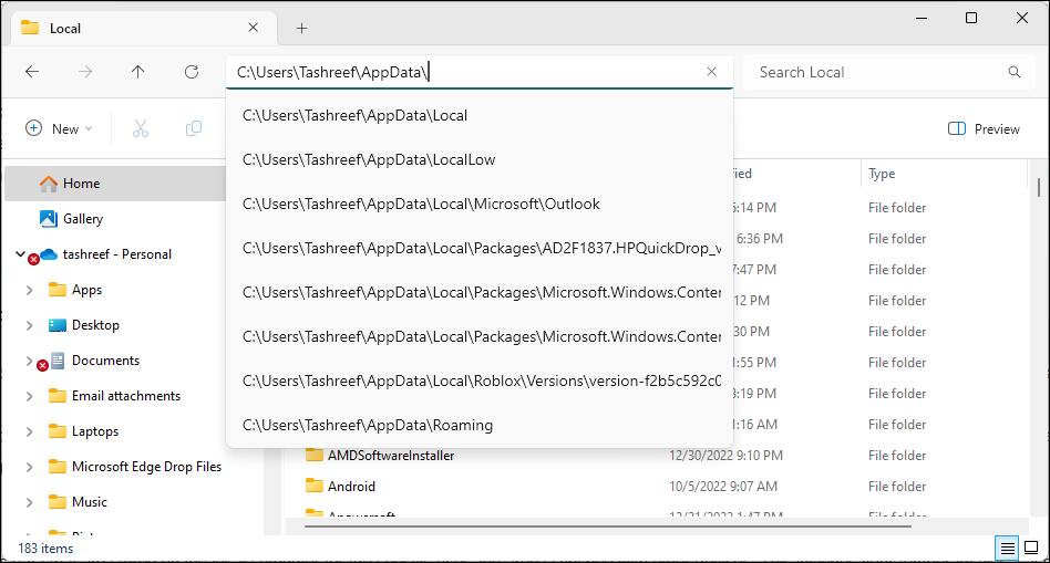 Windows 11 File Explorer مسیر پوشه AppData را نشان می دهد