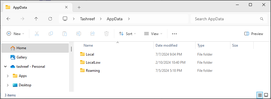Windows 11 File Explorer که زیرپوشه های پوشه AppData را نشان می دهد