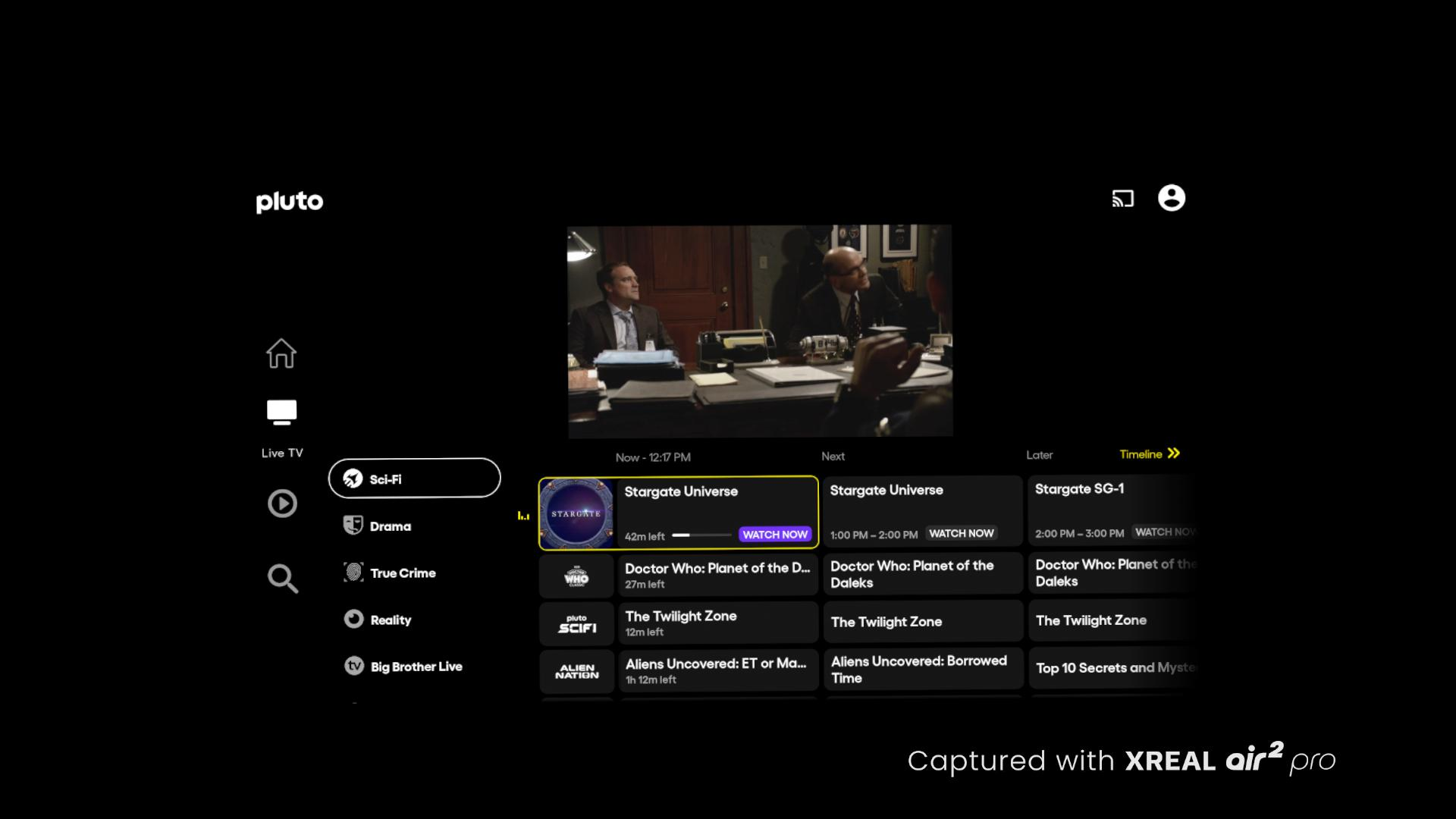 Stargate Universe playing in the Pluto app on an XREAL Beam Pro