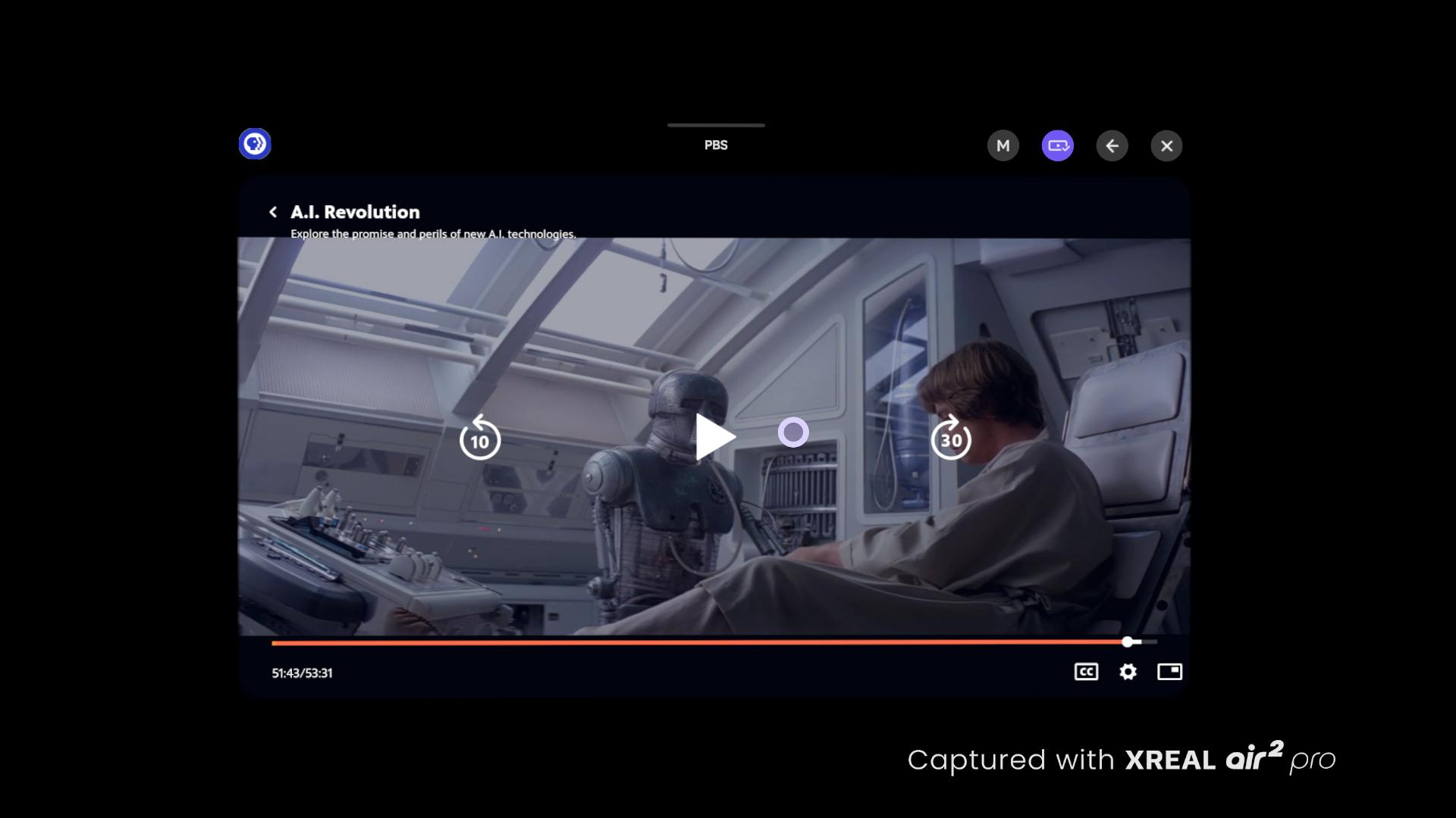 Nova playing in the PBS app on an XREAL Beam Pro