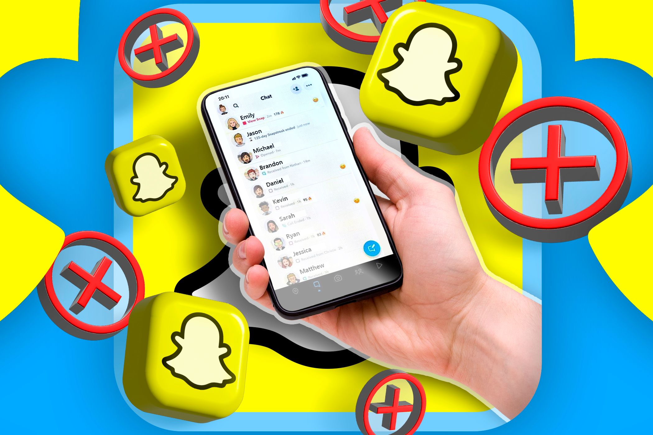 A hand holding a smartphone showing the Snapchat friends list, with multiple Snapchat logos and 'X' icons scattered around.